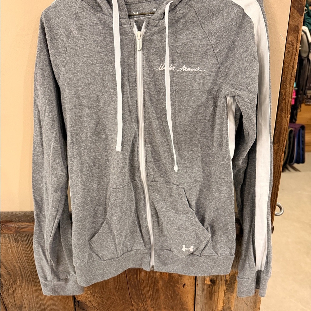 Under Armour Heather Gray Zip-Up Hoodie with White Drawstrings